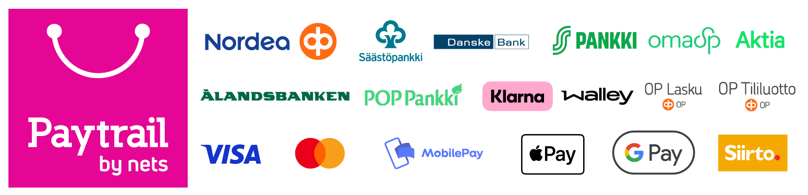 Makseviisid — Paytrail, Visa, Mastercard, MobilePay, Apple Pay, Google Pay, Klarna, Siirto